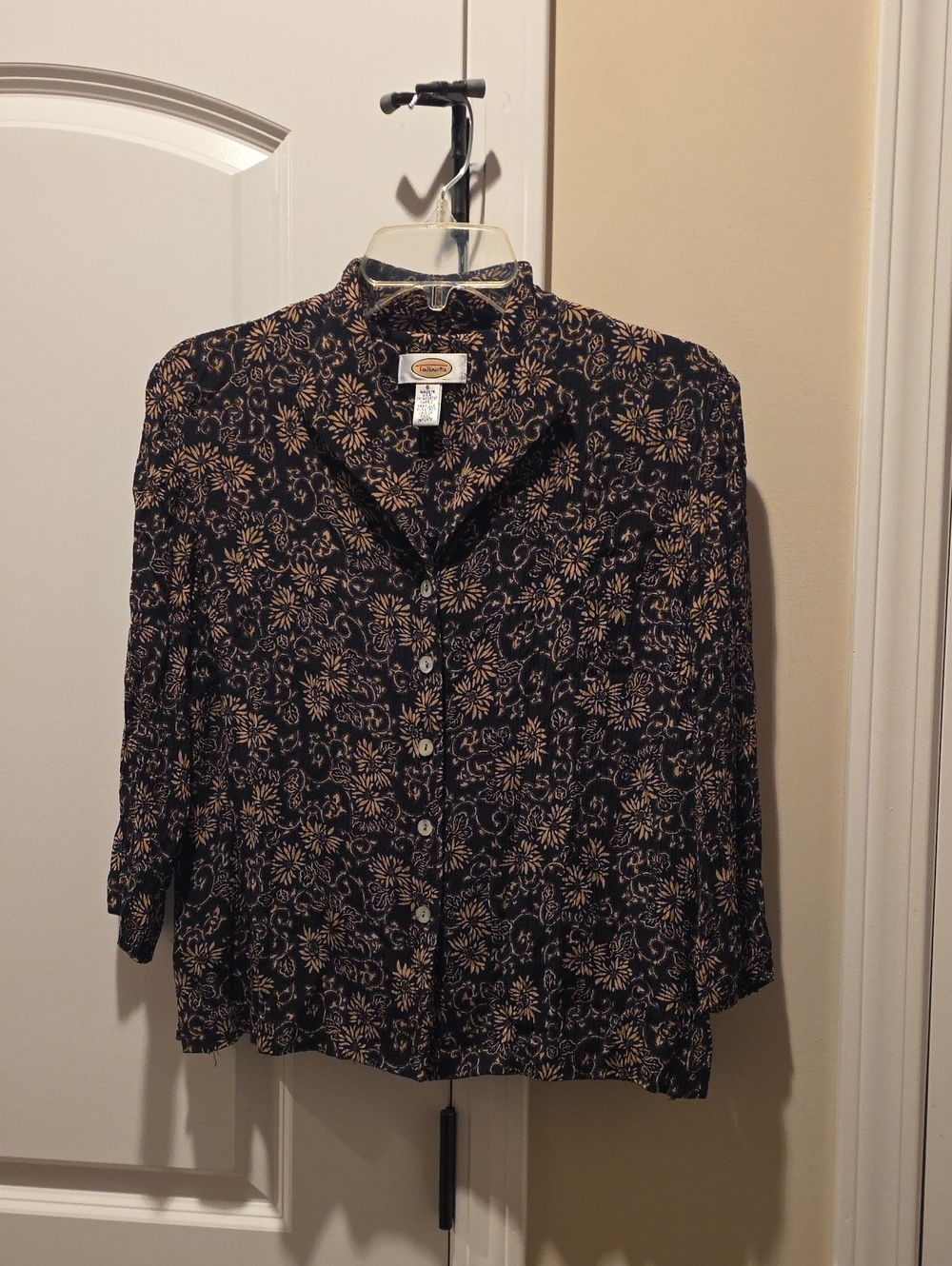 Talbots Black Button-Front Floral Top with Tan Print